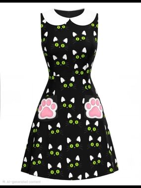 Sleeveless Black Cat Print A-line Dress with Pink Paw Pockets From Retro Stage